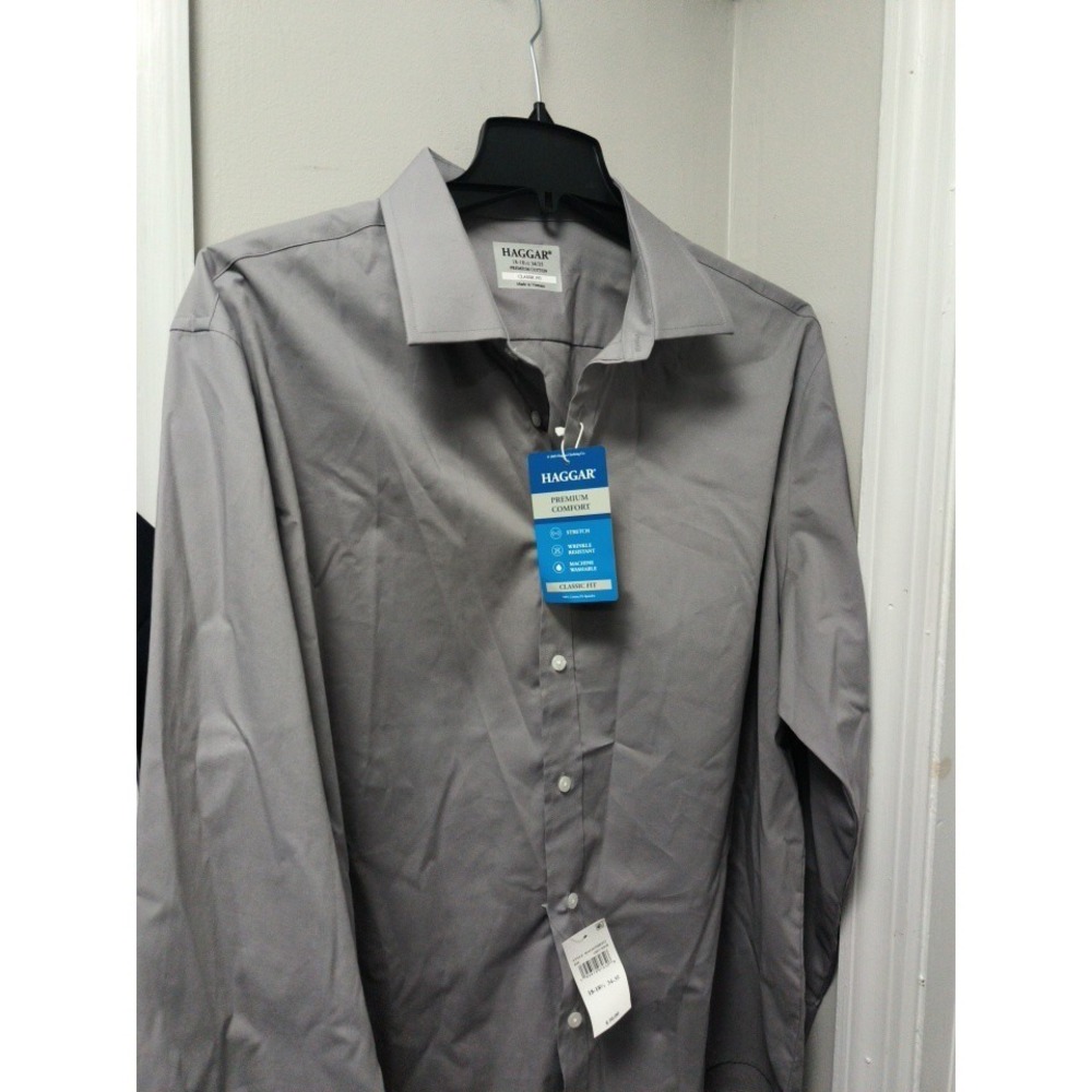 Haggar Shirt Mens 18-18.5 34/35 Gray Premium Comfort Dress Shirt Classic Fit New